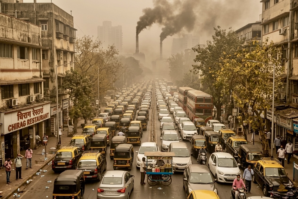 City heading towards smog-choked streets, heavy traffic, and grey concrete